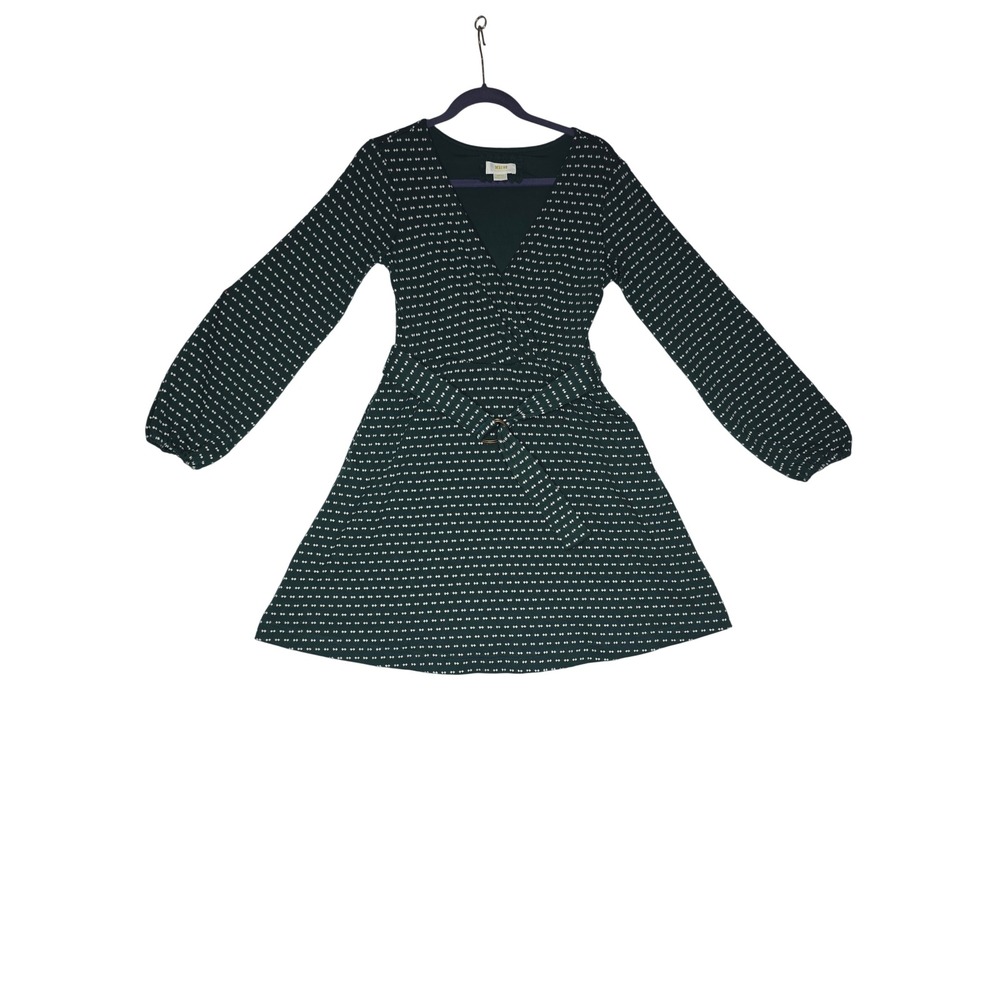 Maeve Green Geometric Diamond Wrap Mini Dress Belted Small Warm Fall Flare dress